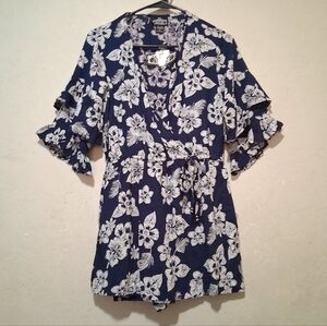 Angie Navy‎ Floral Ruffle Sleeve Romper Boho Spring Summer SzL